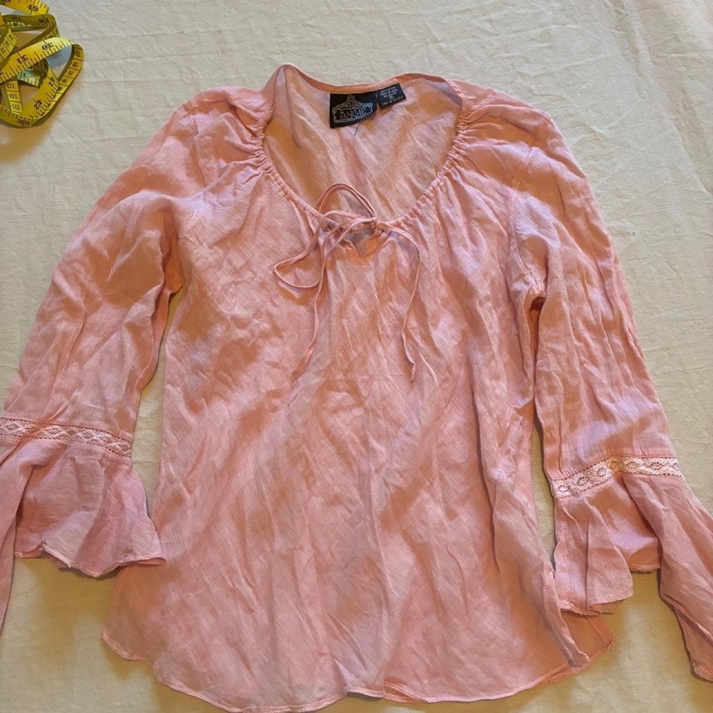 Cottagecore pink cotton blouse with lace, bell sleeves and tie front detail